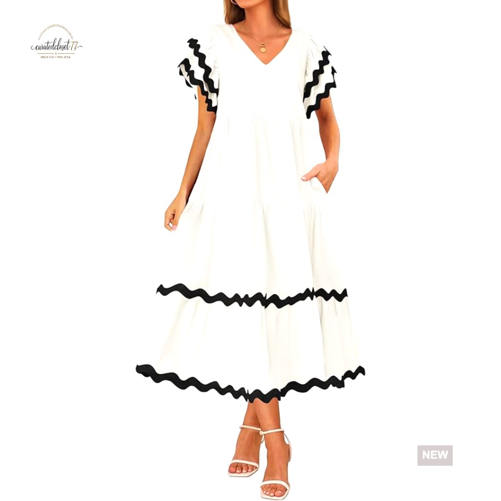 V-Neck Flutter Sleeve Midi Dress, A-Line Flowy Beach Casual Summer